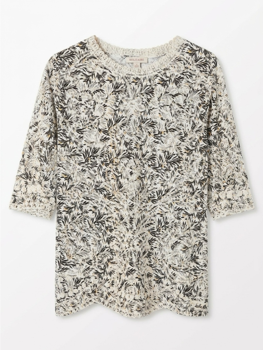 Solitaire Cream Top with Black & Beige Botanical Print and Embroidered Detail